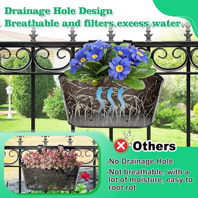 MADHOLLY Railing Planter with Drainage Holes - Sturdy Bucket Pots for Railing Fence, Countryside Style Metal Flower Pots for Herbs Balcony Garden Yard Decor, 4Pcs, Black