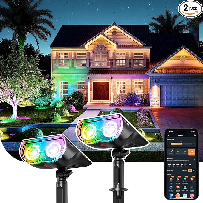 Linkind Smart Solar Spot Lights Outdoor SL5C, Solar Lights Outdoor Spotlight Cool/Warm White/Color Changing, APP/Voice Control, IP67 St. Patrick's Day Decorations for Yard, Garden, Pathway(2 Pack)