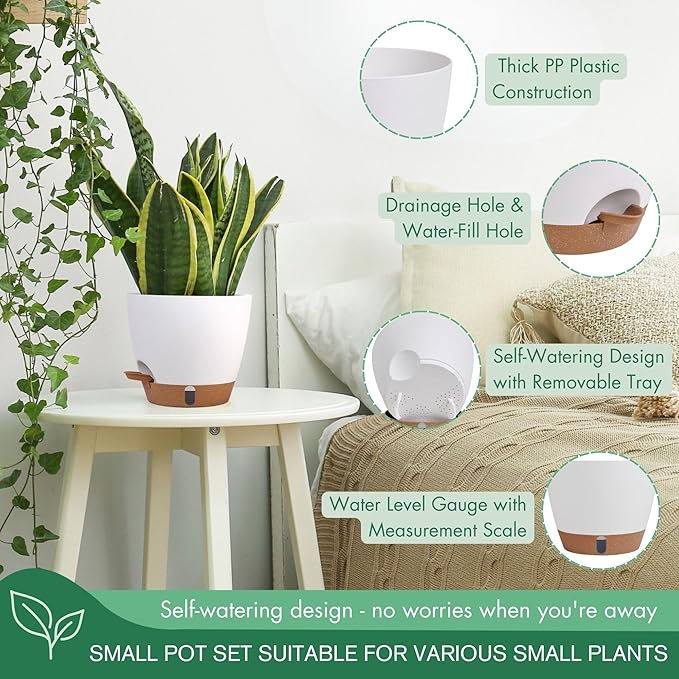 montresor 5-Pack Self-Watering Planters with Wick & Reservoir (5/5.5/6/6.5/7 Inch) – Plastic Indoor Pots with Drainage, White Flower Pot for Violet, Herb