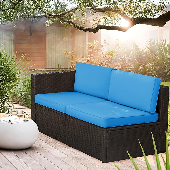 Devoko 2 Pieces Patio Furniture Sofa Sets Outdoor All Weather Sectional Corner Sofa and Armless Sofa (Blue)
