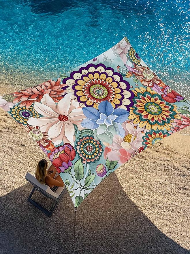 Sun Shade Sail 8'x10' Boho Floral Rectangle Sun Shade Sails Canopy Waterproof Mandala Flowers Plant Outdoor Sunshades Sand UV Block Cover Shade Cloth for Patio Backyard Garden Deck Porch Lawn