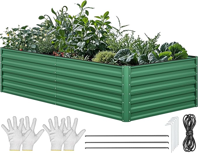 YITAHOME 8x4x2ft Large Raised Garden Bed Kit, Galvanized Metal Planter Box with Gloves, Ground Nails, Support Rod & Safety Rubber, Outdoor Above Ground Planters for Plants Vegetables Flowers, Green