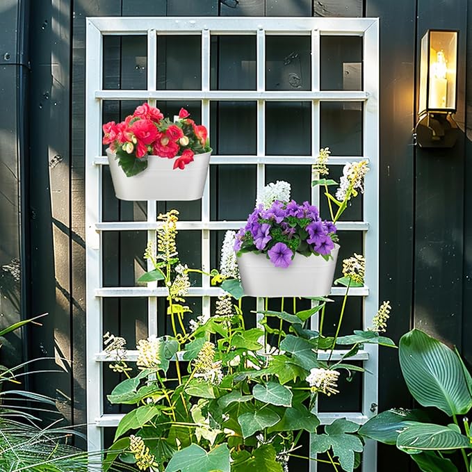 MADHOLLY Railing Planter with Drainage Holes - Sturdy Bucket Pots for Railing Fence, Countryside Style Metal Flower Pots for Herbs Balcony Garden Yard Decor, 2Pcs, White