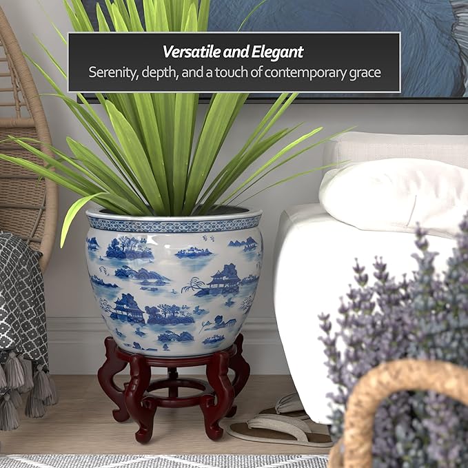 Red Lantern 16" Landscape Blue & White Porcelain Fishbowl Planter or Cachepot for Indoor/Outdoor Use in Garden Entryway Living Room Boho Eclectic Modern Contemporary Classic Traditional Style Decor