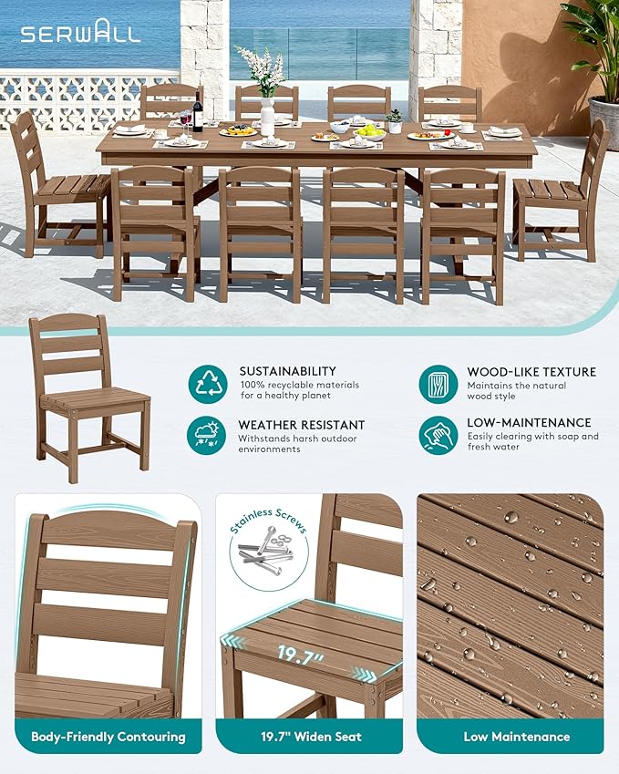 SERWALL 11 Piece Outdoor Dining Set, 84" HDPE Outdoor Large Dining Table and Chairs Set for 10，All Weather Patio Dining Furniture Set with Umbrella Hole for Backyard, Garden, Brown