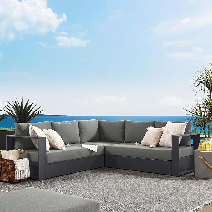 Modway Tahoe Aluminum 3-Piece Outdoor Patio Furniture Gray Charcoal, Modular Sectional Sofa Set with Weather-Resistant Cushions, Ideal for Deck, Backyard Poolside