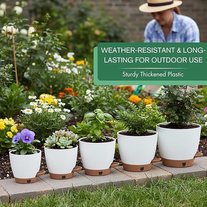 montresor 5-Pack Self-Watering Planters with Wick & Reservoir (5/5.5/6/6.5/7 Inch) – Plastic Indoor Pots with Drainage, White Flower Pot for Violet, Herb