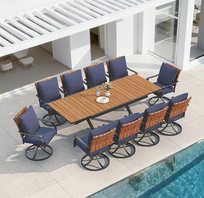 Grand patio 11-Piece Outdoor Dining Set, 10 Leather-Look Wicker Blue Swivel Patio Chairs & 1 Extendable Rectangular Dining Table, Brown