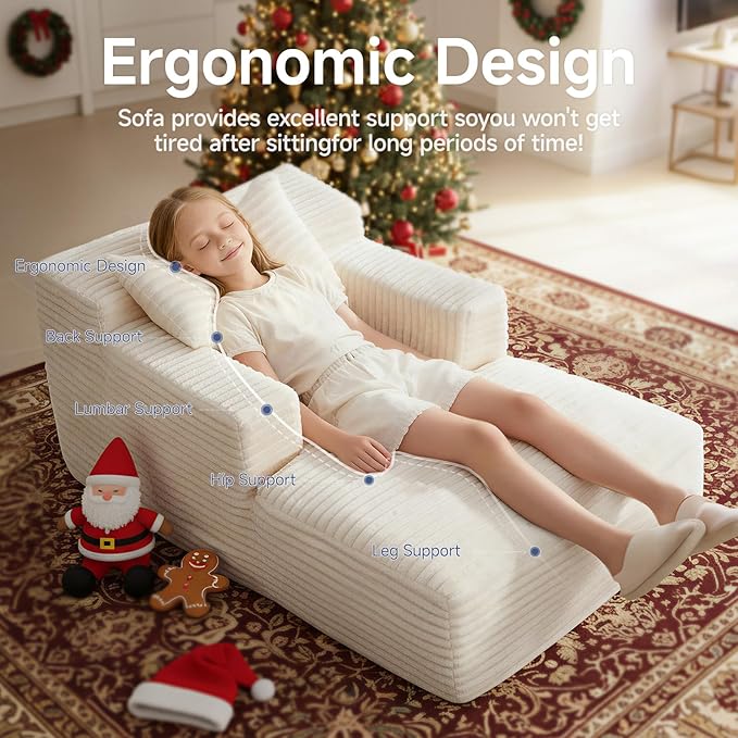 45'' Chaise Lounge Chair Indoor, Corduroy Upholstered Boneless Sofa Bed, Deep Seat Sleeper Couch Reading Chairs, Small Comfy Cloud Sofas Couches for Living Room, Bedroom, Movie Room (Beige)