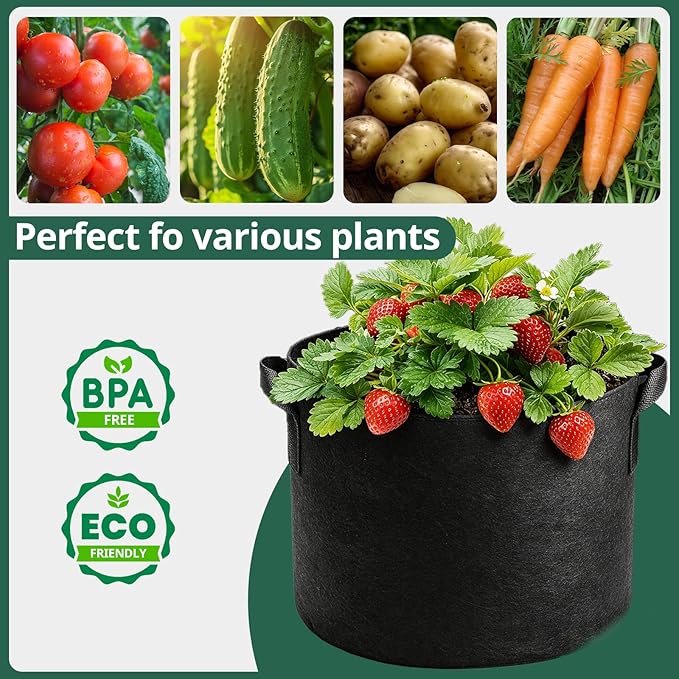 5 Pack 5 Gallon Grow Bags, Thickened Aeration Nonwoven Fabric Plant Pots with Handles, Heavy Duty 300G Garden Planting Bag for Tomato, Potato, Strawberry, Vegetable, Fruits and Flowers