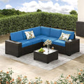 Jing's Villa 6-Piece Patio Furniture Set, All-Weather Outdoor Wicker Sectional Sofa with Cushions,Glass Table & Left and Right Armrest, Rattan Conversation Seating for Porch, Backyard,Peacock Blue