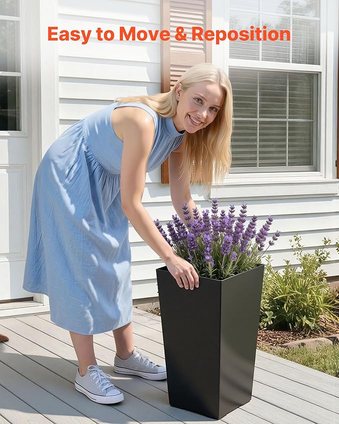 VEVOR Set of 2 Tall Planters for Outdoor Plants 22 inch, Black Tall Planter for Indoor Plants, Modern Planters for Front Porch Patio Balcony, Plant Container Flower Pots with Built-in Drainage