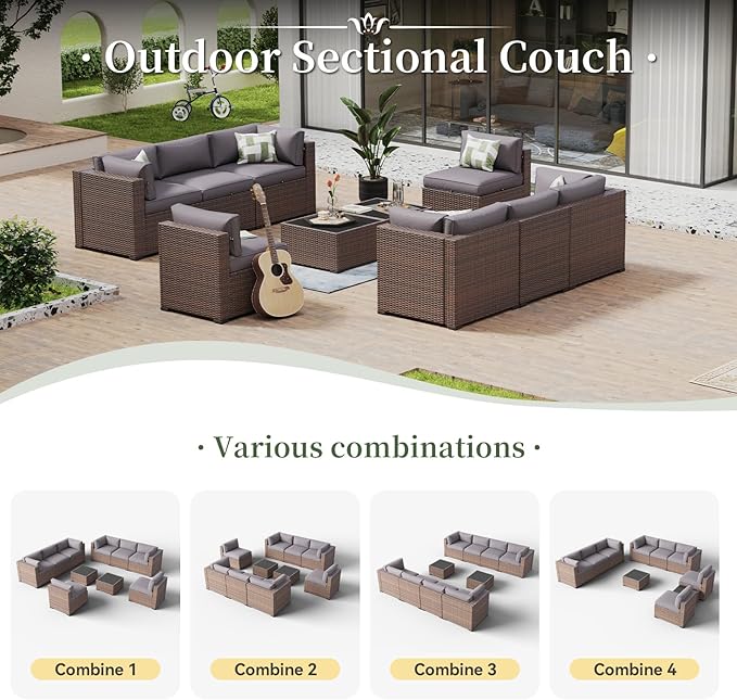 Aoxun 10 Piece Patio Furniture Set Wicker Rattan Patio Conversation Set Outdoor Sectional Sofa Set with Coffee Table and Thickened Cushions, Gray(Waterproof Cover Included)