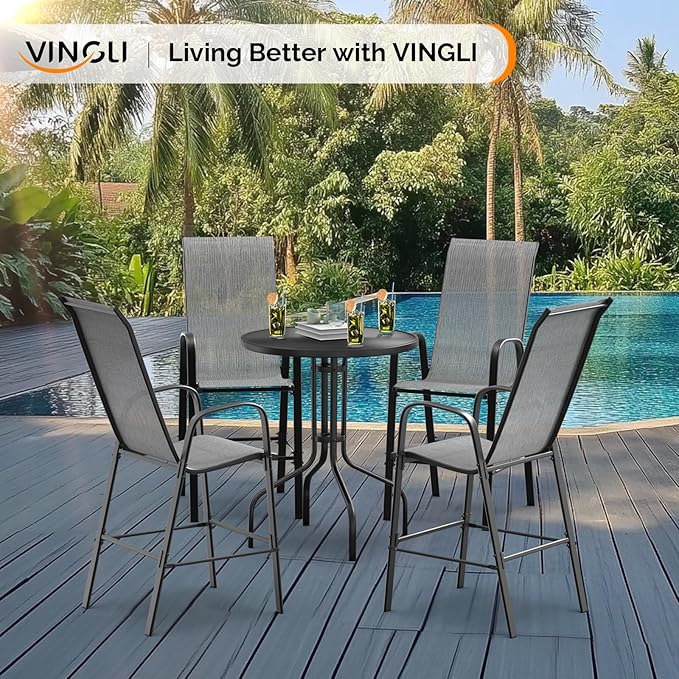 VINGLI Outdoor Bar Chairs Set of 8 – Stackable Outdoor Bar Stools with Sturdy Sling High Back and Armrests for Lawn, Courtyard, Garden, Bar, Silver Gray