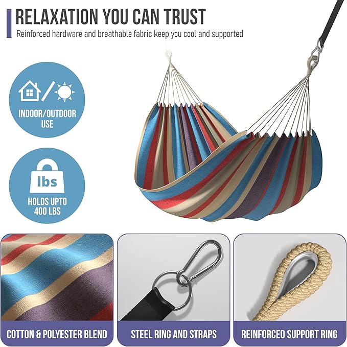 Sorbus® Brazilian Double Hammock - Extra-Long Two Person Portable Hammock Bed for Indoor or Outdoor Spaces - Hanging Rope, Carrying Pouch Included (Blue/Sand/Purple/Red Stripes)
