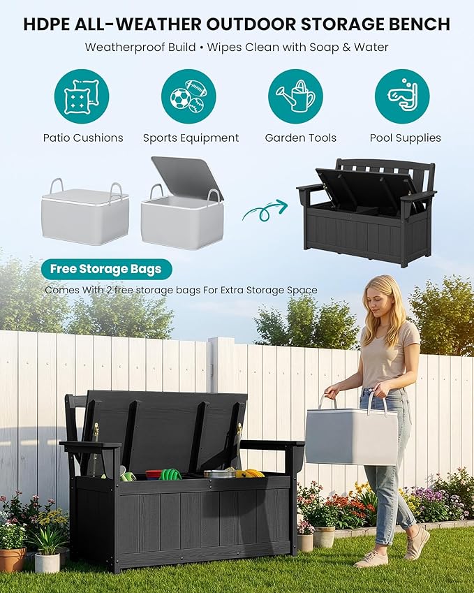 SERWALL HDPE Outdoor Storage Bench, All-Weather, UV-Resistant Deck Box with Waterproof Storage Bags, 57 Gallon Dual-Use Seat & Organizer Deck Boxes for Patio, Garden Tools & Pool (Matte Black)