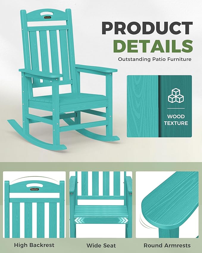 Oversized Outdoor Rocking Chair, High Back Porch Rocker Chair, HDPE All Weather Resistant Rocking Chairs for Patio, 380lbs Weight Capacity, Lake Blue