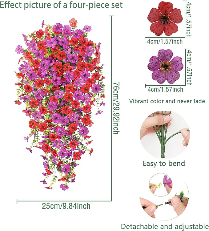 Artificial Flowers for Outdoors Fake Hanging Plants with Pot, 4pcs Silk Colorful Flowers UV Resistant Realistic Hanging Planter Faux Flower for Outside Porch Patio Home Garden Yard Decoration