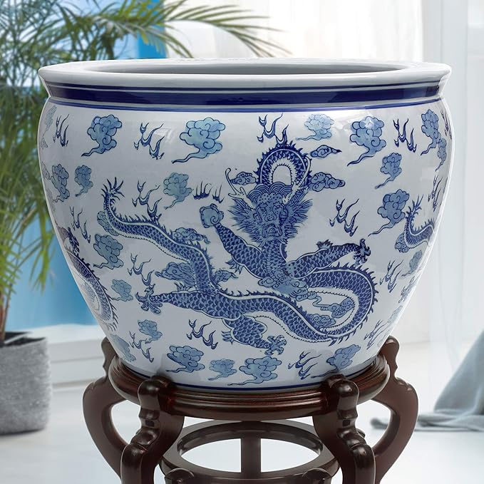 16" Dragon Blue & White Porcelain Fishbowl