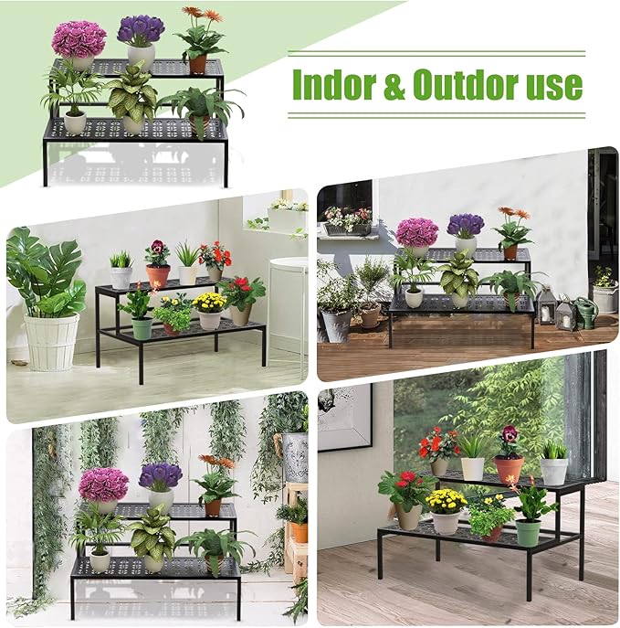 Metal Plant Stand Metal 2 Tier Potted Multiple Flower Pot Holder Plant Shelf Indoor Plants Multiple,Outdoor Heavy Duty Planter Display Shelving Unit for Patio Garden Corner Balcony Living Room(Black)