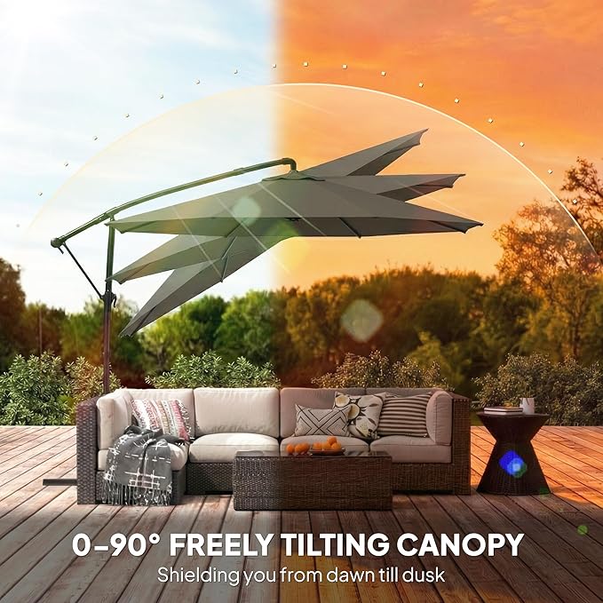 Outsunny 10 ft Offset Patio Umbrella with Cover, Round Hanging Cantilever Umbrella with 6-Position 360° Rotation, Crank Handle, Tilt, Cross Base, Heavy Duty Outdoor Umbrella for Garden