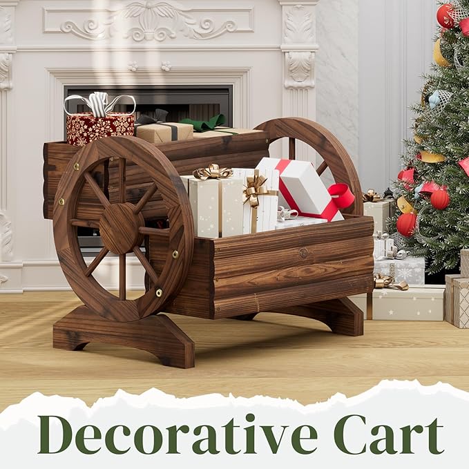 Wooden Wagon Planter Flower Cart with Wheels Garden Box Garden Planter, Decorative Planter for Flowers Herbs Vegetables for Indoor & Outdoor Décor Flower Cart for Patio Garden Balcony (Carbonized)
