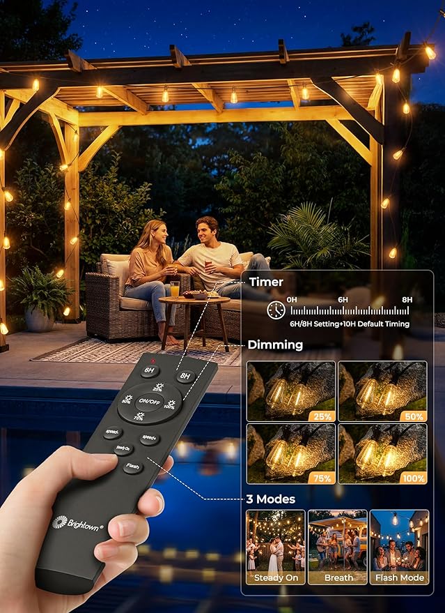 Brightown 76FT Solar String Lights Outdoor Waterproof, Patio Lights with Remote and 23+1 LED Shatterproof Bulbs, Dimmable & Timable, 3 Light Modes, Solar Lights Outdoor for Yard Camping Party Outside