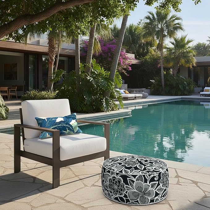 LVTXIII Indoor/Outdoor Inflatable Ottoman with Handle D21 x H9 Inch, Weather-Resistant Round Footstool Pouf for Patio Camping Living Room, Portable Footrest Extra Seating, Flower Black