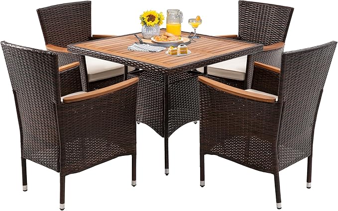 RoyalCraft 5 Piece Patio Wicker Dining Sets for 4, Water-Resistant Rattan Outdoor Dining Table and 4 Chairs with Wood Table Top, Conversation Set for Deck, Garden, Backyard, Removable Cushions, Brown