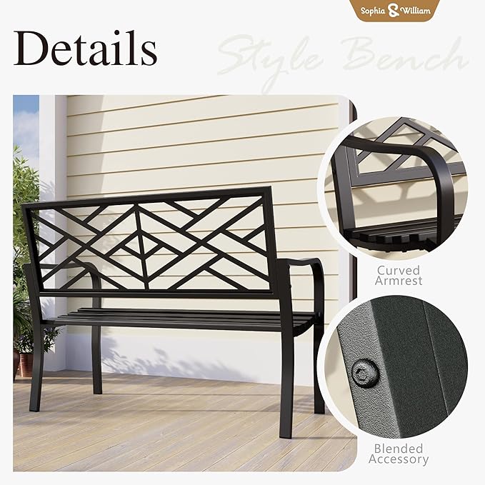 Sophia & William Outdoor Metal Bench Patio Garden Bench, Cast Iron Park Benches for Outside with Minimalist Backrest, Black