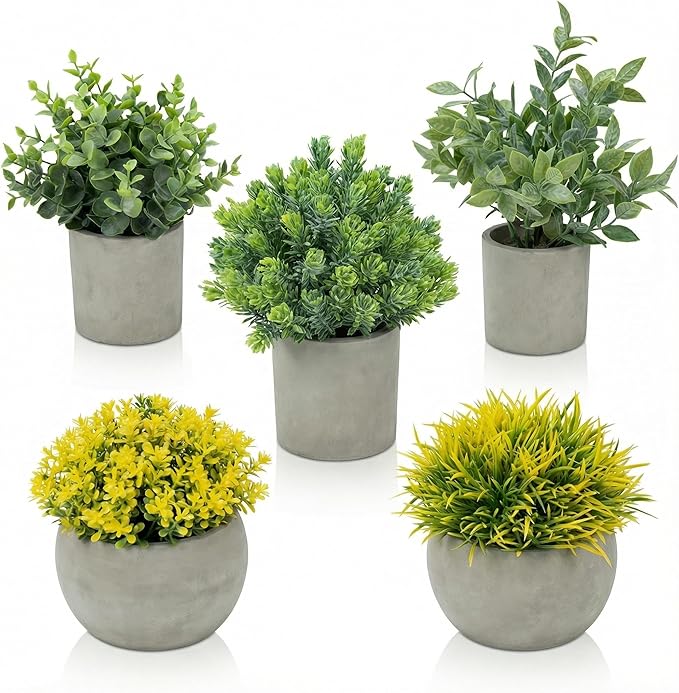 Fake Plants, 5 Pack Artificial Eucalyptus & Greenery in Cement Pots - Small Potted Faux Plants for Indoor Outdoor Shelves, Desk, Table, Farmhouse Bathroom, Office & Modern Home Decor