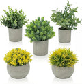 Fake Plants, 5 Pack Artificial Eucalyptus & Greenery in Cement Pots - Small Potted Faux Plants for Indoor Outdoor Shelves, Desk, Table, Farmhouse Bathroom, Office & Modern Home Decor