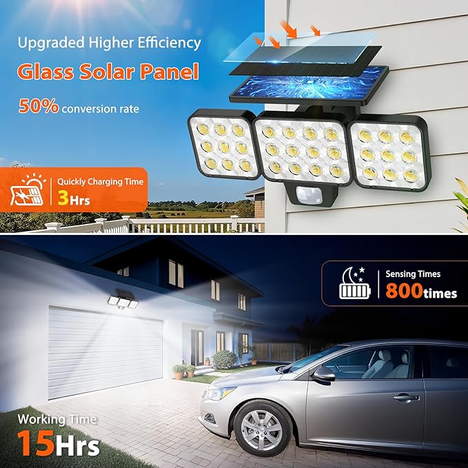 WdtPro Solar Lights Outdoor Flood Light 3 Pack, 3500LM Bright Motion Sensor Outdoor Lights, 3 Heads & Upgrade Glass Panel, LED Solar Powered Security Light Spotlights Waterproof for Outside Yard
