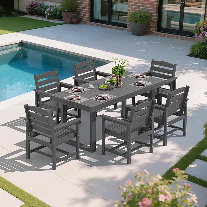SERWALL HDPE Outdoor Dining Set for 6, 67'' All Weather Patio Dining Table and Chairs Set for Deck, Lawn, Gray