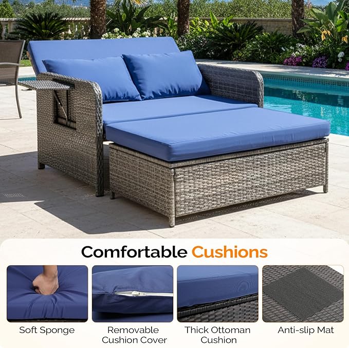 VINGLI Patio Daybed, Wicker Outdoor Daybed with Storage Ottoman & 5-Level Adjustable Backrest, All-Weather Rattan Cushioned Patio Loveseat Sofa for Garden Balcony Backyard (Navy, Gray)
