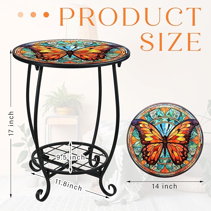 Outdoor Side Table Round Small Mosaic Patio Accent Indoor End Plant Coffee Tea Table for Yard Patio Porch Garden Living Room, Bedroom(Butterfly B Style,14 Inch)