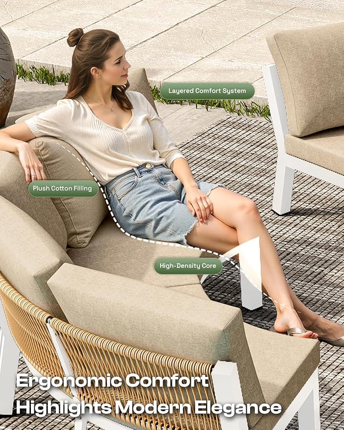 Outdoor Patio Furniture Set,4 Piece Aluminum Half-Moon Patio Conversation Sets, PE Rope Curved Sofa, All-Weather Outdoor Sectional Sofas with Modular Coffee Table & Cushions, White
