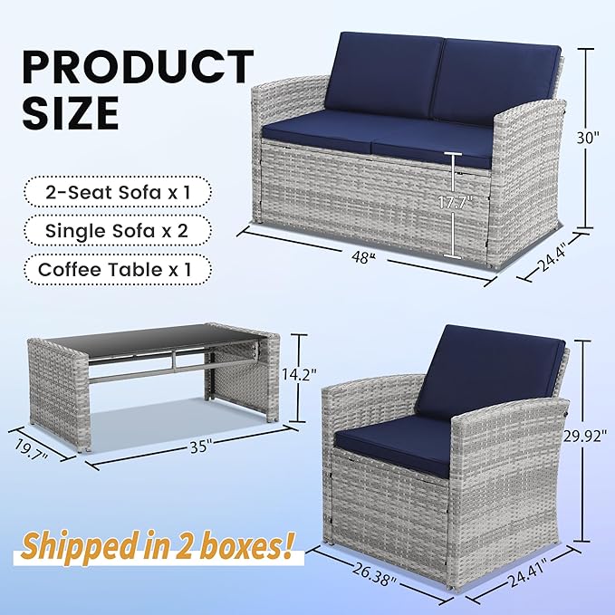 4-Piece Patio Furniture Set, Wicker Outdoor Rattan Sectional Sofa with Cushions and Glass Table, All-Weather Outdoor Conversation Set, Ideal for Garden, Porch, Backyard, Navy