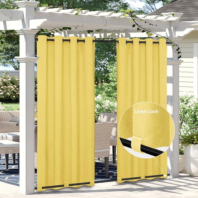 Easy-Going Linen Look Outdoor Curtains Waterproof Windproof Porch Curtains, Soft Thicken Outdoor Privacy Curtains for Patio, Gazebo, Grommet Top and Tab Bottom Drape, 1 Panel, 54x120 inch, Yellow