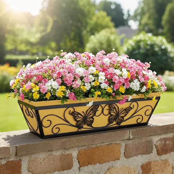 2 Pack 24 Inch Window Boxes Planter Railing Planters Box with Adjustable Brackets for Porch Deck Balcony Hanging Butterfly Decorative Flower Baskets & Non-Woven Fabric Liner for Outdoor Plants - Black