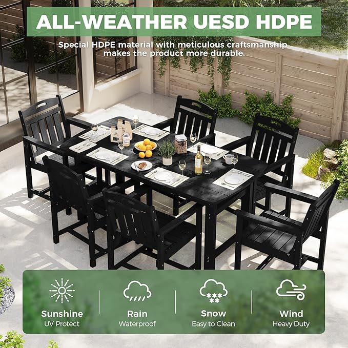 HDPE Outdoor Dining Set, Patio Table and Chairs Set, All-Weather 7-Piece Outside Table and 6 Chairs, 2" Umbrella Hole, Outdoor Furniture for Garden, Poolside, Backyard, Deck | Black