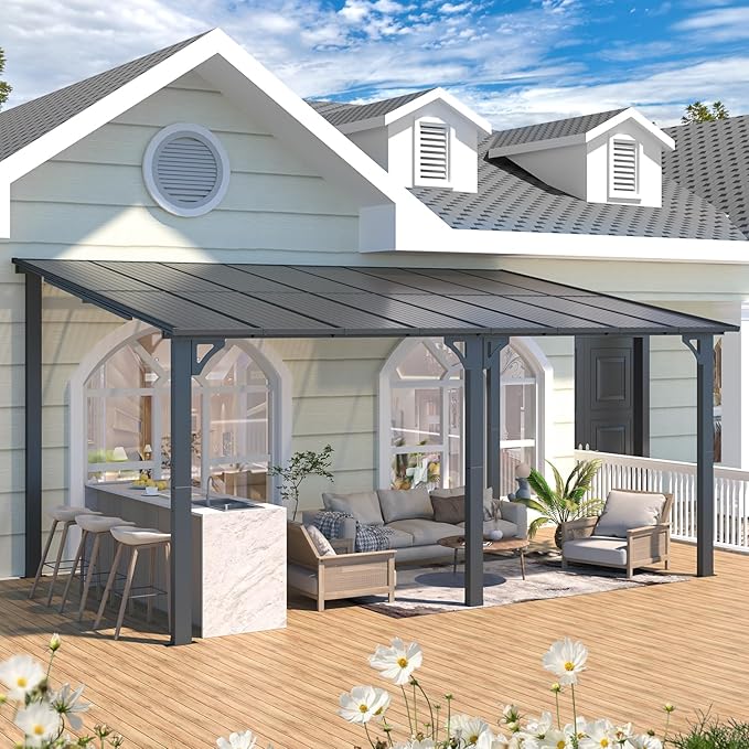 AECOJOY 16' x 10' Gazebo Outdoor Pergola, 10x16 Large Wall-Mounted Hardtop Lean to Metal Gazebo Shelter Pergolas and Gazebos Clearance with Patio Roof, Heavy Duty Awnings for Backyard, Decks