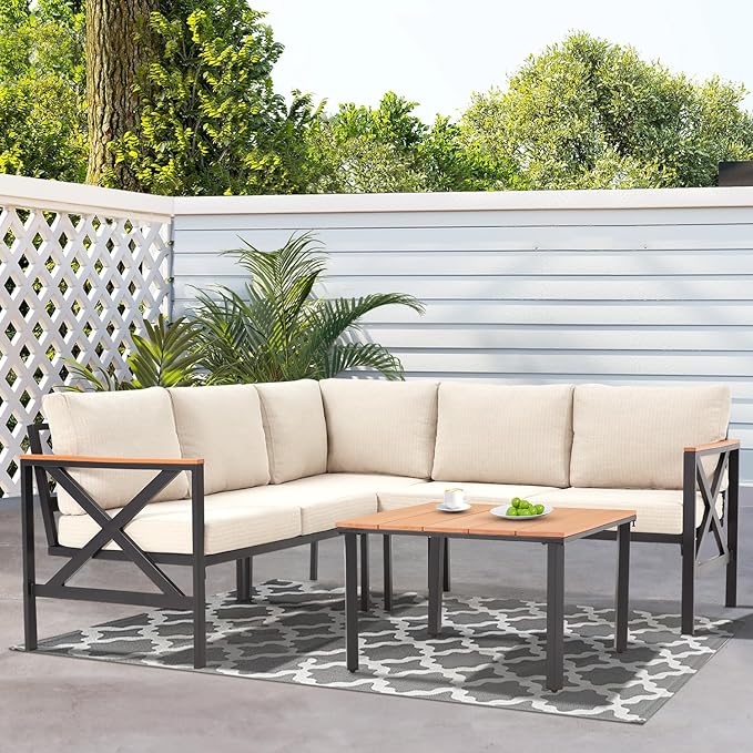 EROMMY 6 Pieces Patio Furniture Sets, Metal Outdoor Sectional Furniture L Shape Patio Conversation Sets with Fauxwood Coffee Table & 6.5" Olefin Cushions for Backyard, Garden, Poolside