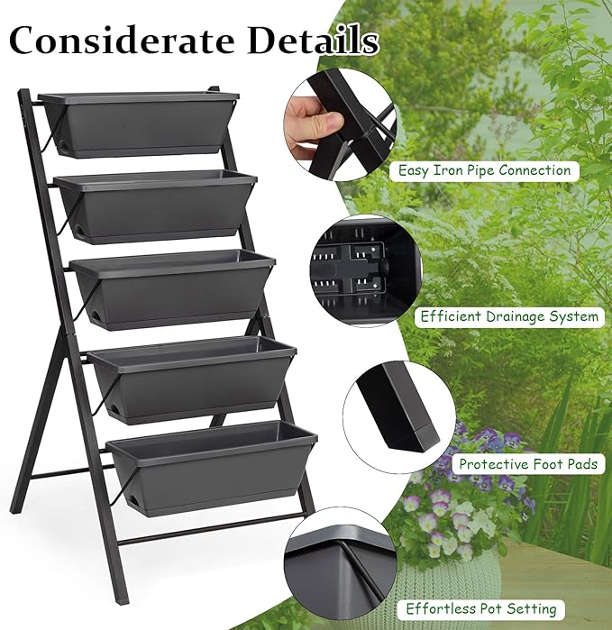 Giantex Vertical Raised Garden Bed, Elevated Planter Raised Beds with Water Drainage, Freestanding 5 Container Boxes for Vegetables and Flowers Growing, Outdoor Indoor Patio Balcony