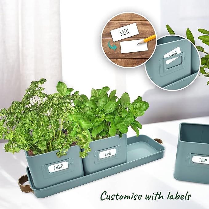 volila Herb Planter Indoor - Set of 3 Teal Blue Indoor Herb Garden Pots for Plants with Leather Handled Tray - Window Sill Plant Shelf - Herb Pots with Drainage Holes and Labels