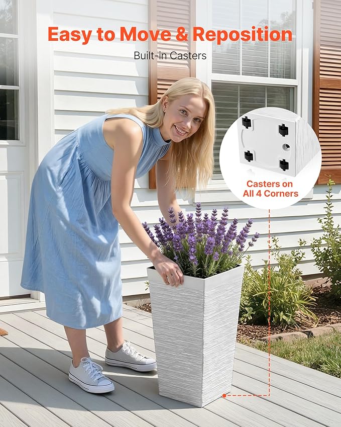 VEVOR Set of 2 Tall Planters for Outdoor Plants 23 inch, White Tall Planter for Indoor Plants, Modern Planters for Front Porch Patio Balcony, Plant Container Flower Pots with Built-in Drainage