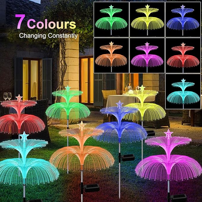 Solar Garden Lights, 6 Pack Solar Star Jellyfish Lights 7 Color Changing Fiber Optic Light Gardening Gifts for Mom Grandma Women, Flower Light for Outdoor Yard Garden Decor