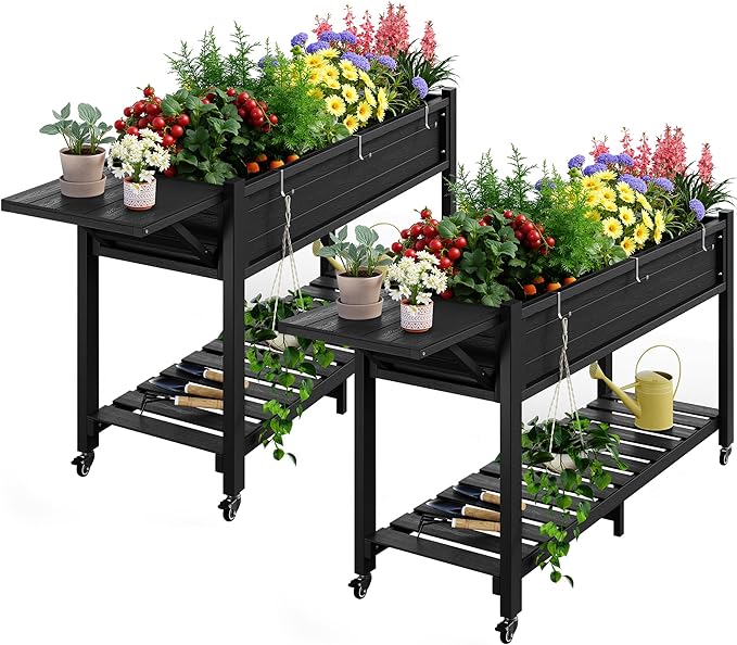 YEFU Raised Garden Bed with Legs: 57x18x30in Elevated Poly Planter with Wheels,Waterproof Mobile Raised Bed Garden, Elevated Planter Box Stand with Storage Shelf,For Deck,Patio,Porch,Yard (Black,2pcs)