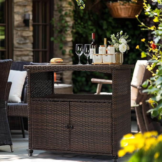 VINGLI Wicker Outdoor Bar Cart with Storage & Rolling Wheels, Patio Bar Table w/Shelf, Outdoor Storage Cabinet Buffet Cabinet Grill Cart for BBQ Pool Patio Kitchen, Brown