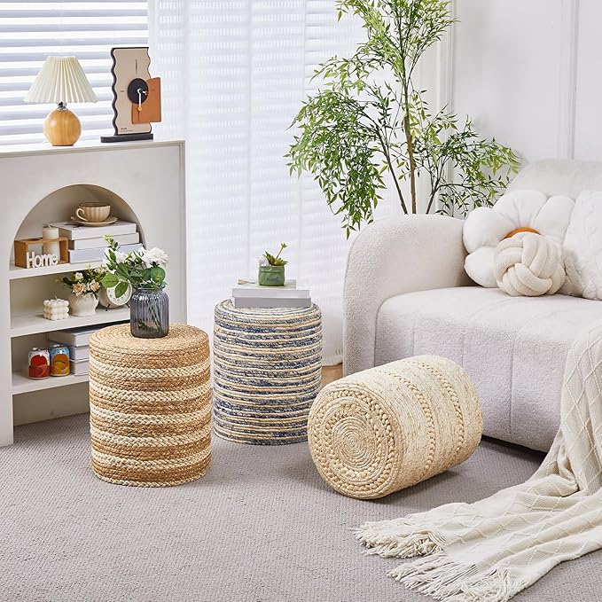Wimarsbon Ottoman Natural Seagrass Foot Rest Stool Hand Weave Round Foot Stool Pouf Boho Vanity Stools with Non-Skid Mat for Living Room Bedroom Hallway